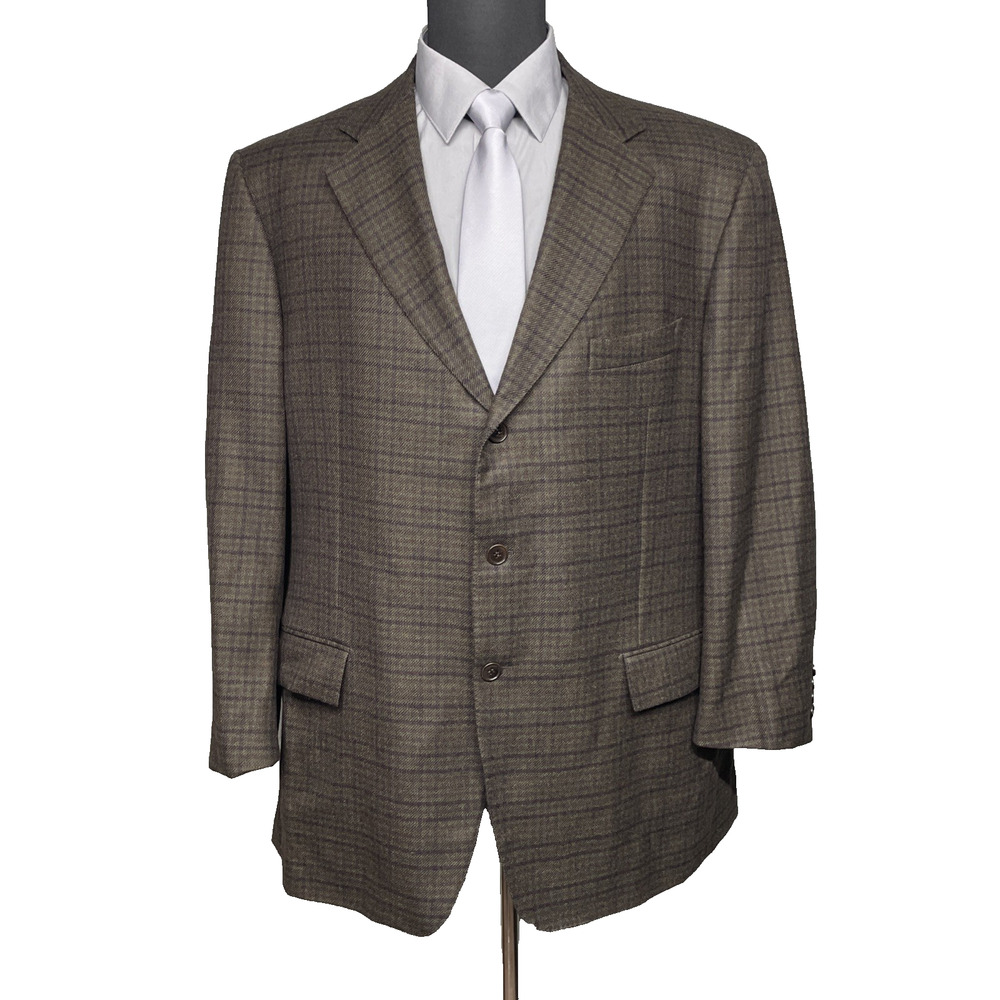 Faconnable Mens US 48L IT58 Brown Plaid 100% Wool Blazer Sport Coat Made Italy